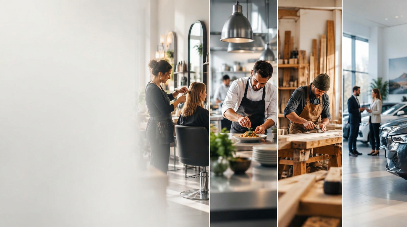 Kollage av vardagen på småföretag – frisersalong, restaurang, snickeri och bilhandel